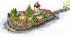 Rekonstruktion einer Ansicht der Inselfestung Wasserburg vor Ankunft der Ungarn (um 900 n. Chr.) mit Holzpalisaden